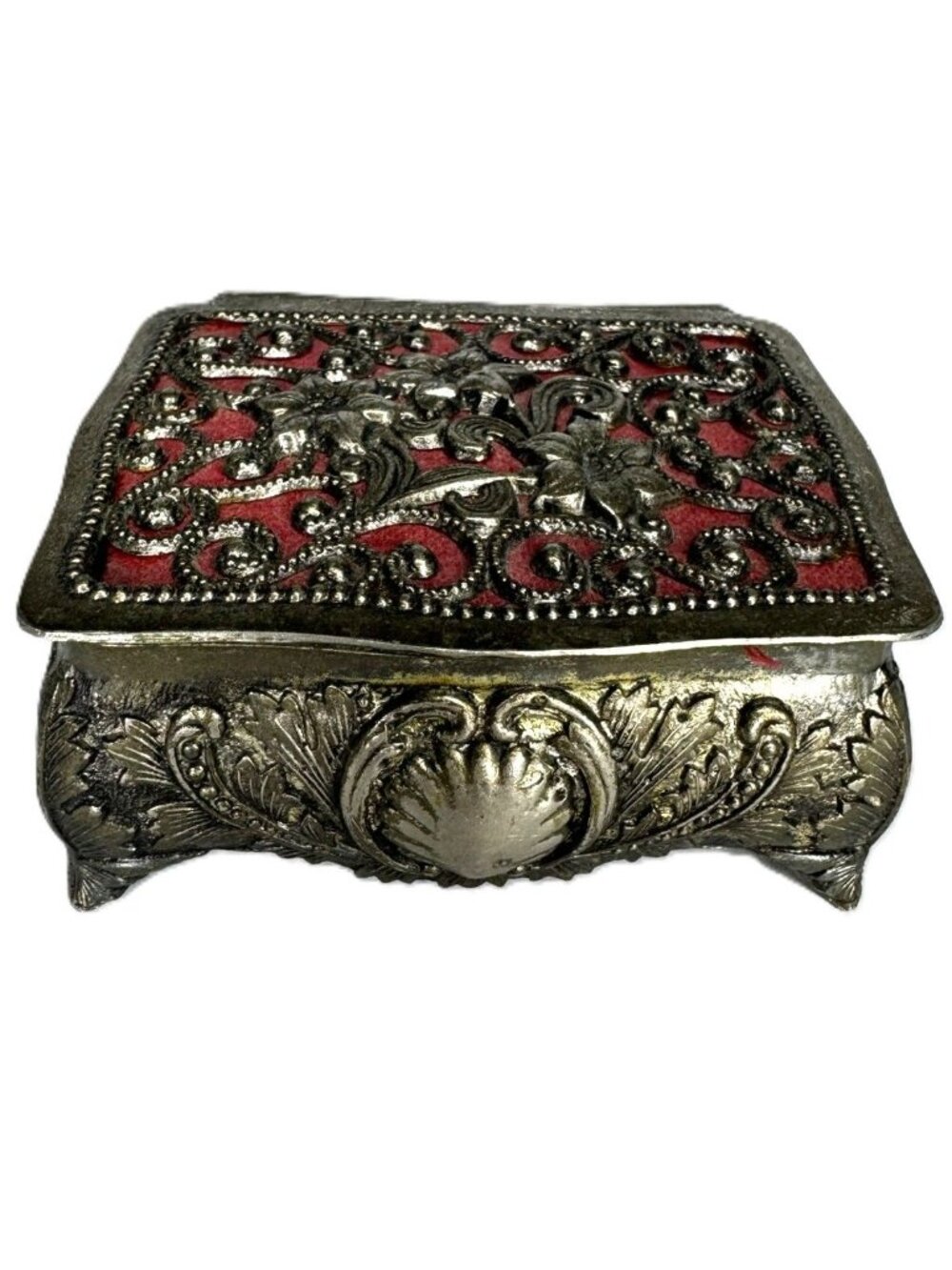 Vintage Japanese Small Filagree Silver Jewelry Trinket Box, Velvet-Lined